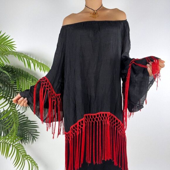 Vintage Black Fringe Bohemian Whimsygoth Hippie Off The Shoulder Tunic Top / S - Picture 1 of 7